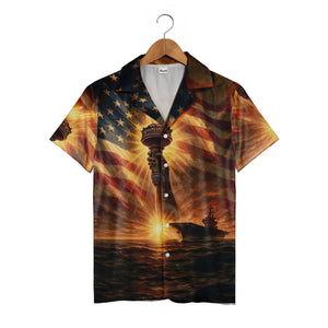 Military Sunset Hawaiian Shirt - Aircraft Carrier Statue of Liberty & Ocean Wave Print