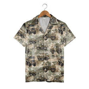 Military Truck & Army Vehicle Camo Hawaiian Shirt – Rugged Patriotic Style
