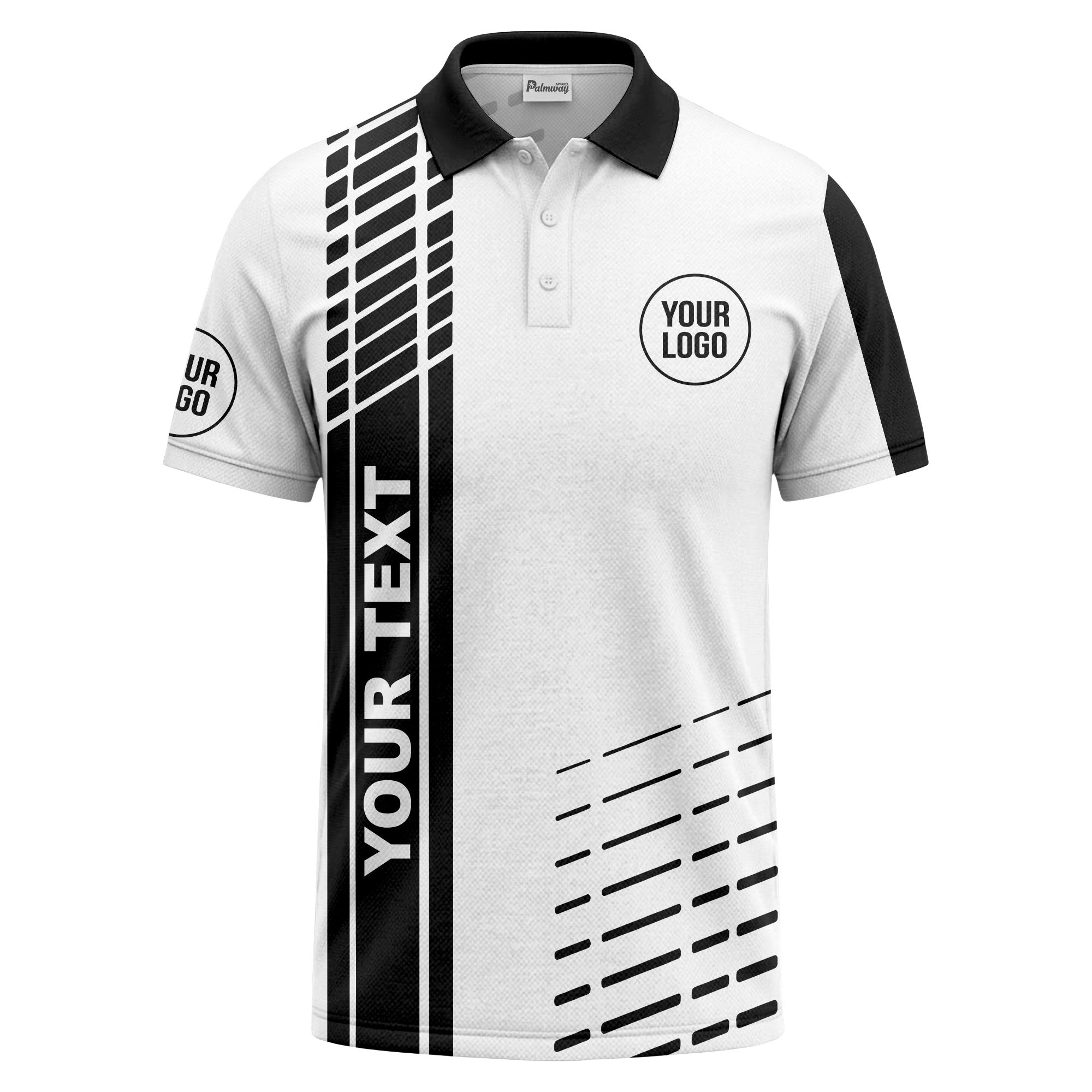 modern vertical stripe & dashed line graphic custom text logo polo shirt