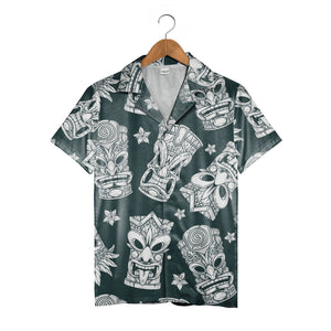 Monochrome Engraving Style Tiki Hawaiian Shirt on Dark Teal