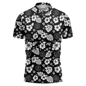 monochrome hawaiian hibiscus flowers & leaves repeat pattern polo shirt