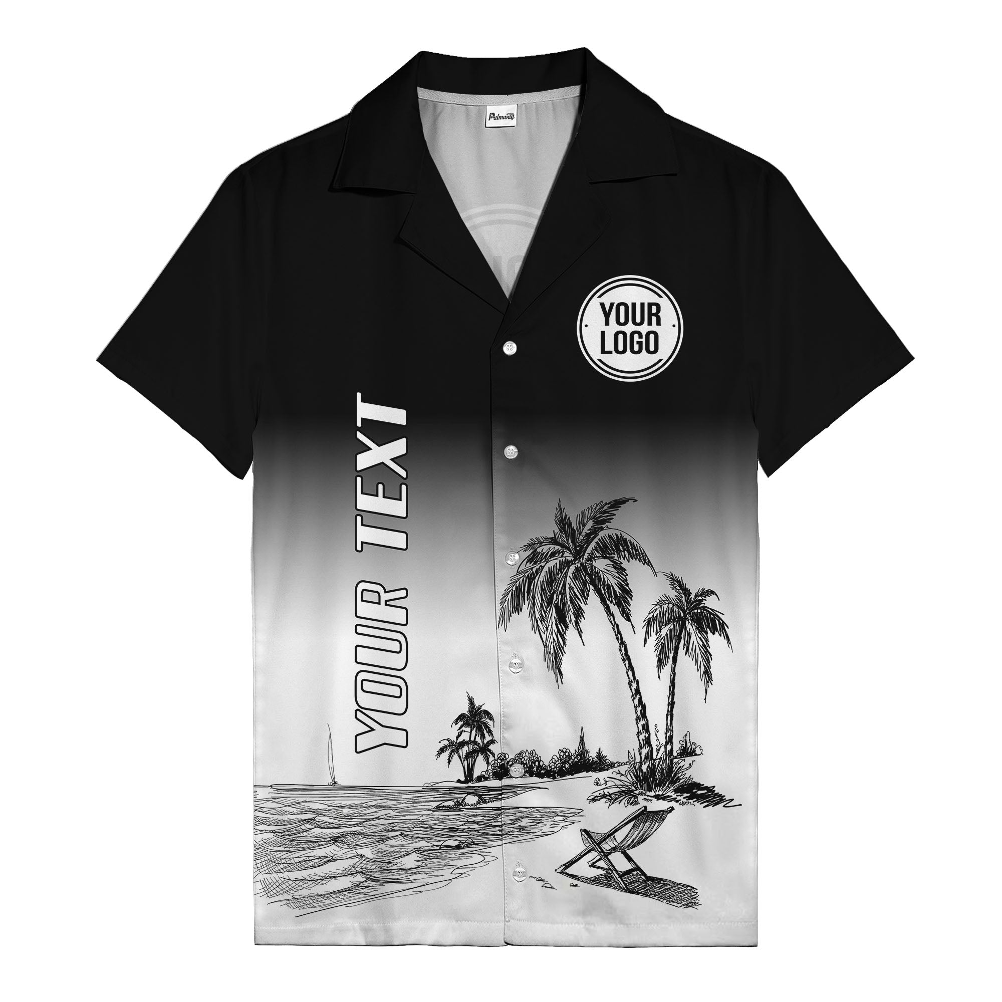 monochrome island scene palm trees & beach chair hawaiian shirt