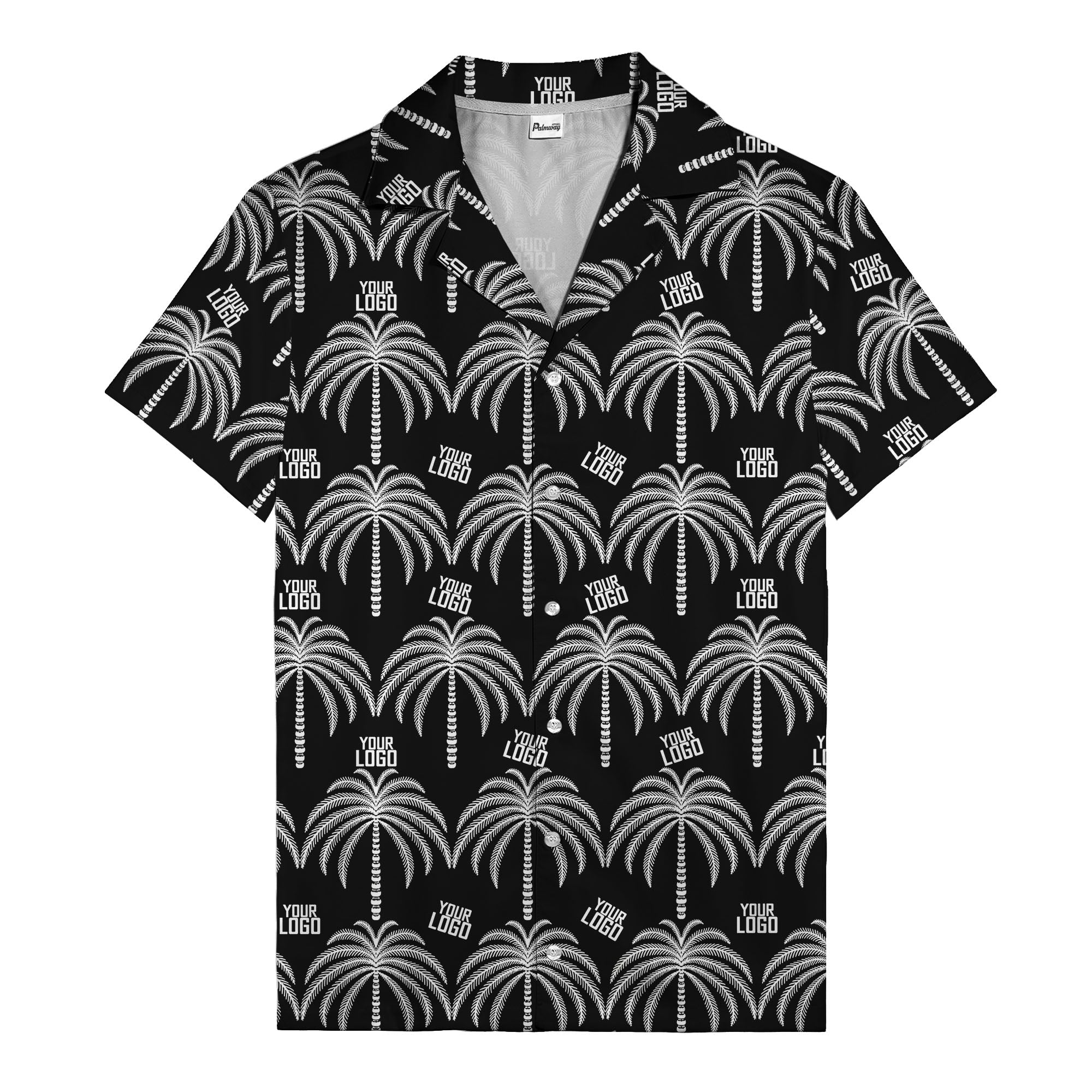 monochrome palm tree & custom logo repeat hawaiian shirt for men