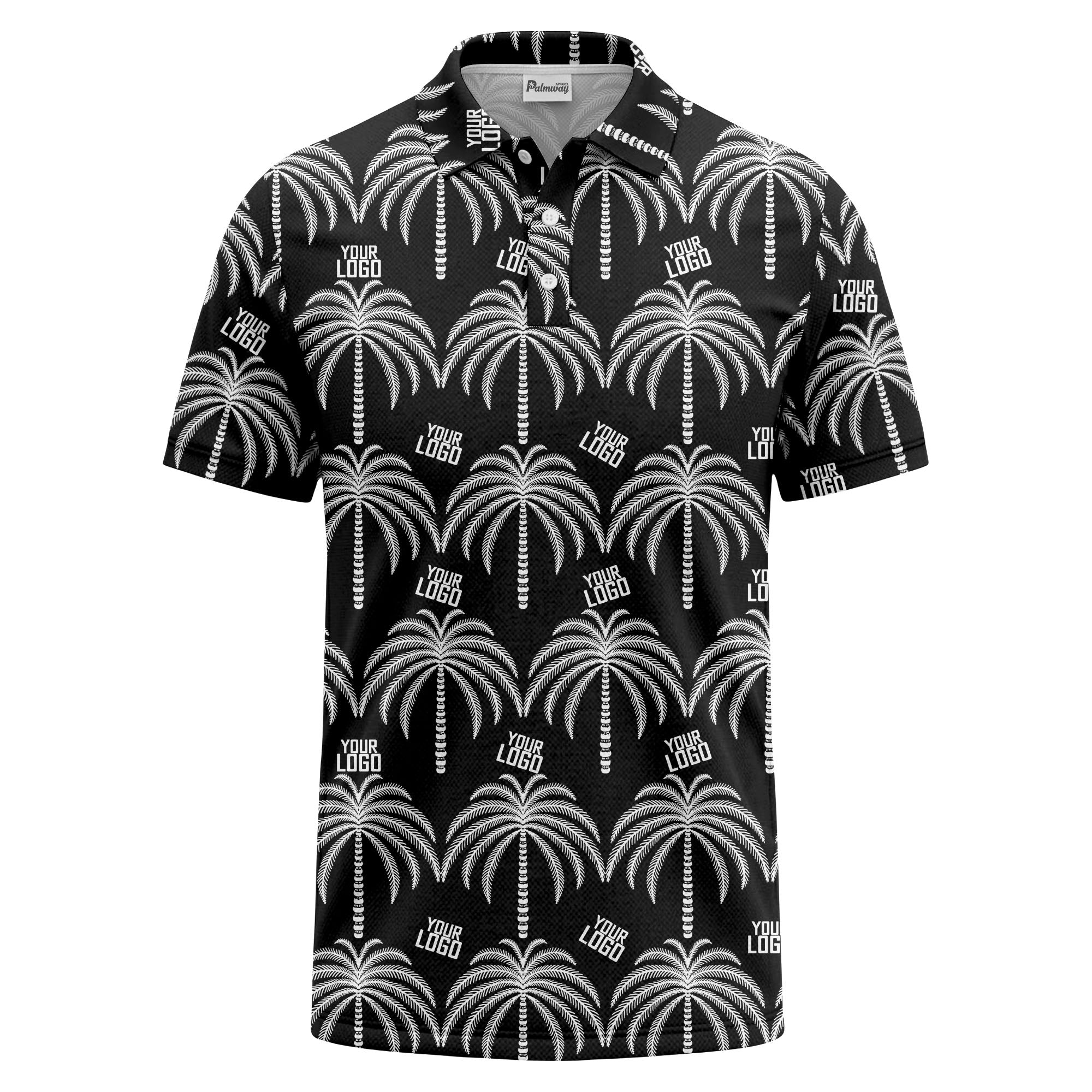 monochrome palm tree logo repeat hawaiian graphic polo shirt