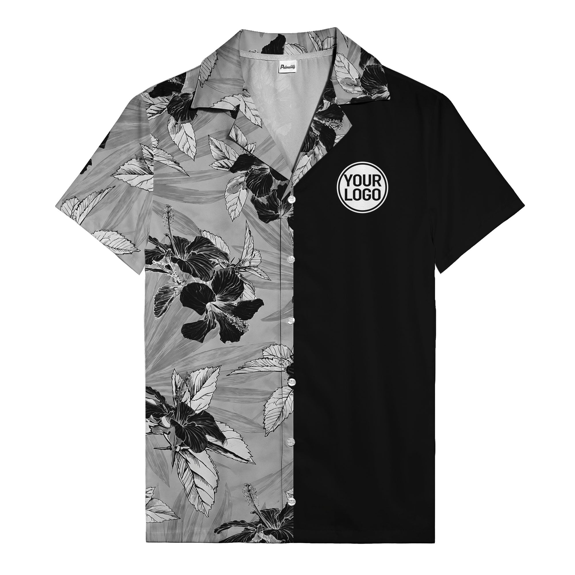 monochrome watercolor hibiscus and leaf repeat hawaiian shirt