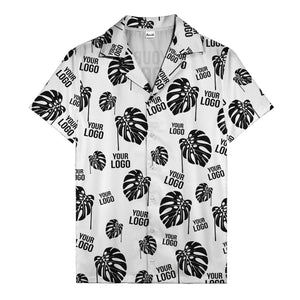monstera leaves & custom logo repeat black white hawaiian shirt