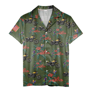 motorcycle parrot tropical hawaiian shirt, hibiscus floral aloha button down shirt
