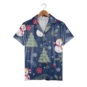 Navy Blue Snowman Holiday Hawaiian Shirt with Poinsettia Holly Pattern