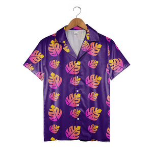 Neon Gradient Hawaiian Shirt with Electric Monstera Leaves