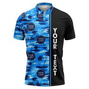 oceanic palm trees & circular logo repeat navy blue tropical beach polo shirt