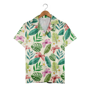 Pale Aqua Blue Watercolor Plumeria Hawaiian Shirt with Ranunculus and Palm