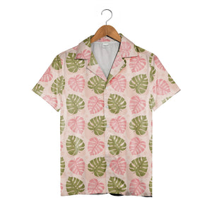 Pale Peach Pink Green Monstera Hawaiian Shirt with Speckled Modern Texture