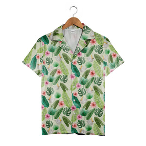 Pale Sage Green Watercolor Monstera Hawaiian Shirt with Anthurium Hibiscus