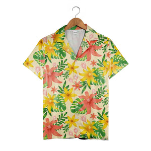 Pale Yellow Pink Hibiscus Hawaiian Shirt with Plumeria and Banana Leaves