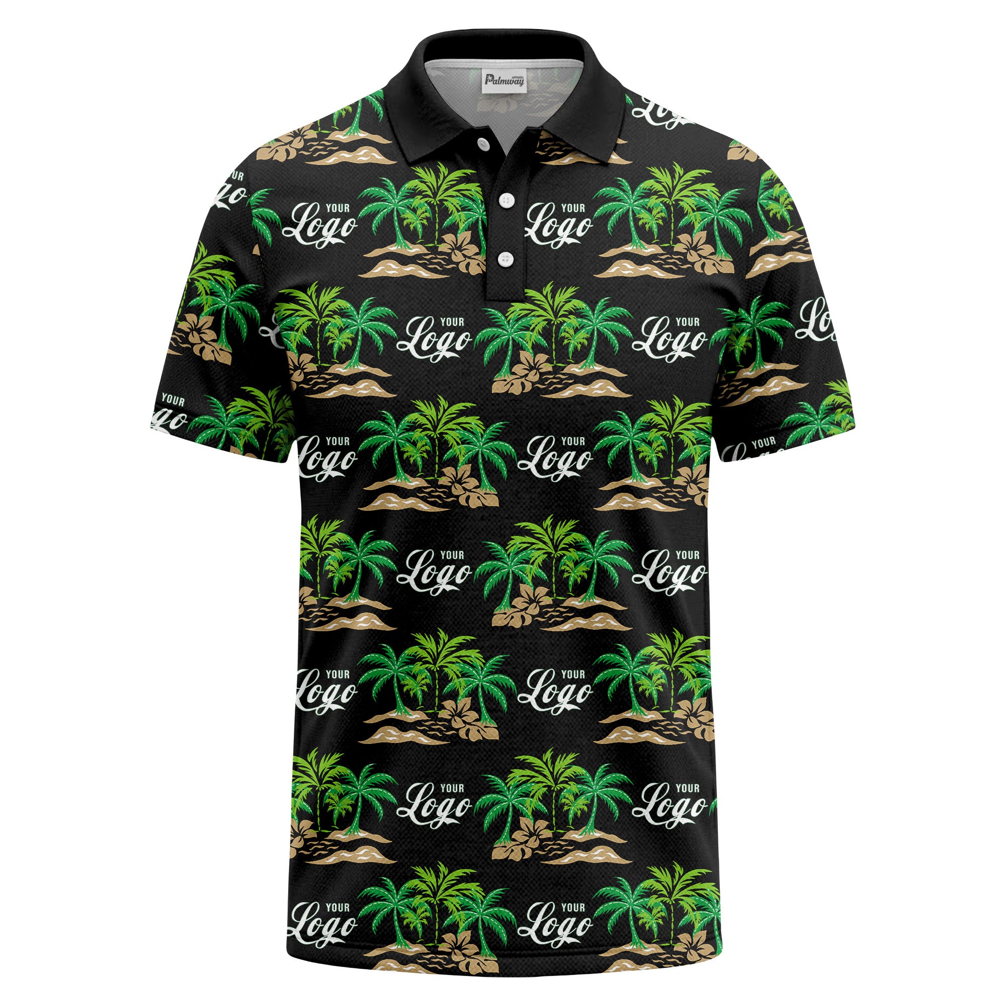 palm trees island scene repeat graphic polo shirt for men