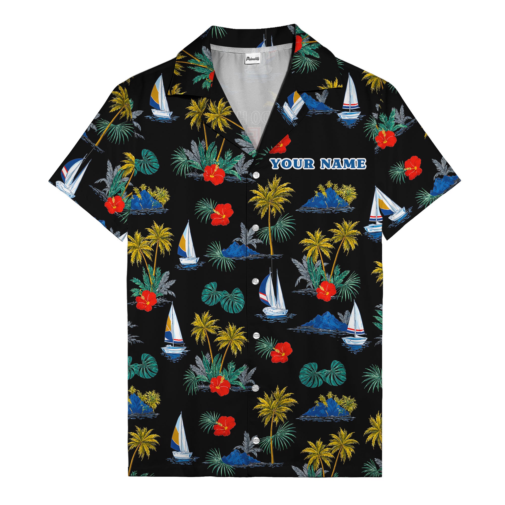 palm trees sailboats hibiscus island paradise hawaiian shirt