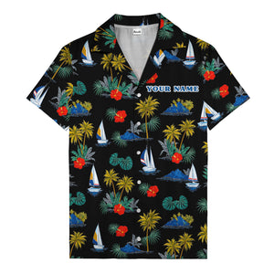 palm trees sailboats hibiscus island paradise hawaiian shirt