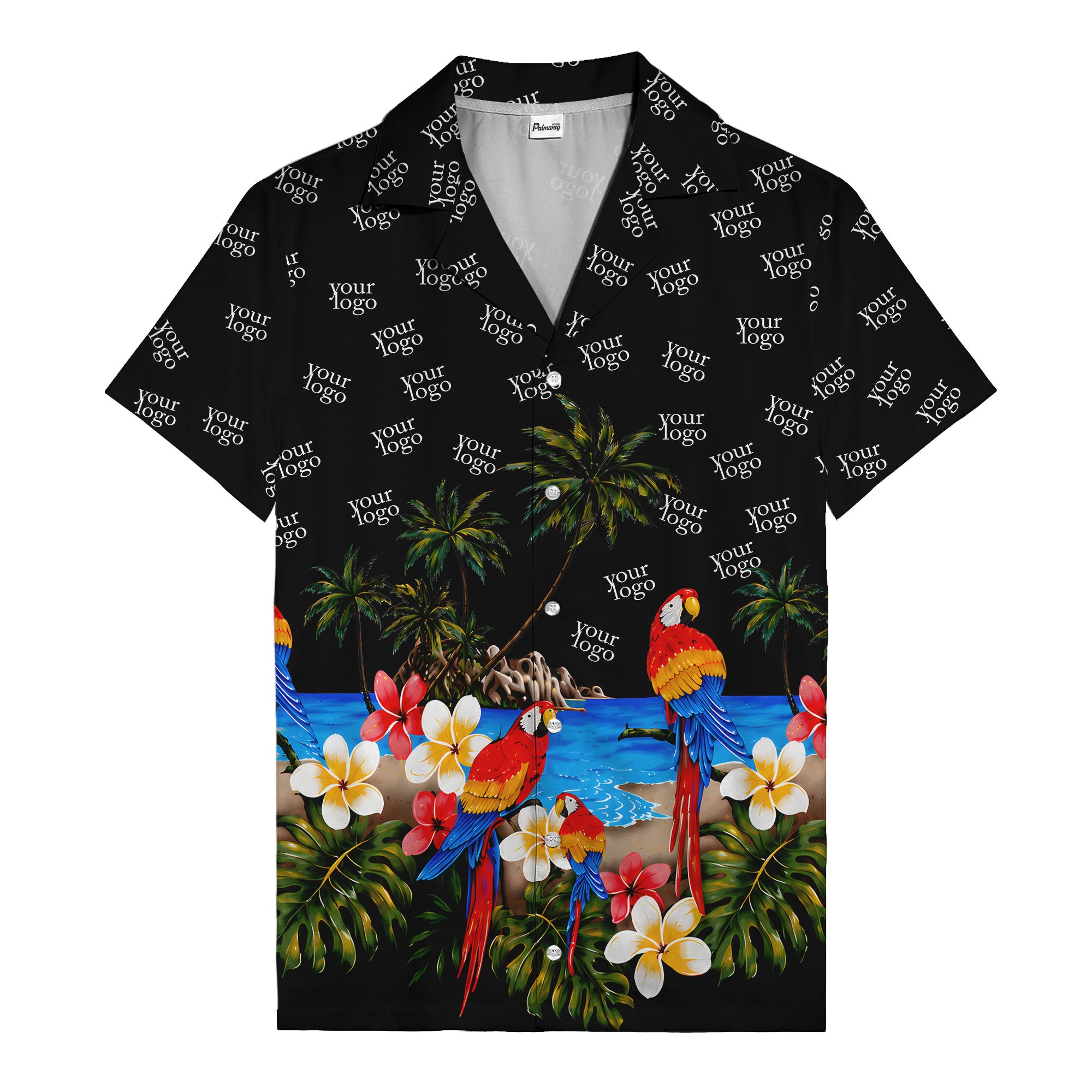 parrot paradise palm trees plumeria beach scene hawaiian shirt