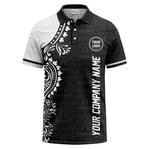 polynesian tribal floral motif black white polo shirt