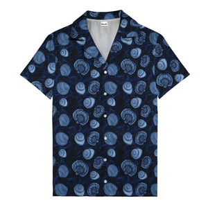 realistic seashell & spiral shell repeat navy blue hawaiian shirt