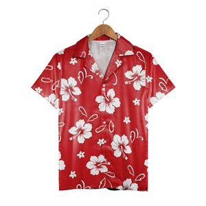 Retro Hibiscus Hawaiian Shirt on Wooden Hanger in Vivid Scarlet
