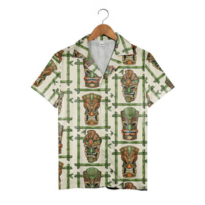 Retro Tiki Mask Hawaiian Shirt with Bamboo Frames on Cream