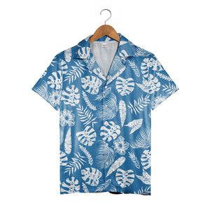Royal Blue Vintage Distressed Hawaiian Shirt with Monstera and Hibiscus Fern