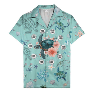sea turtles swim through coral reef and hibiscus watercolor hawaiian shirt