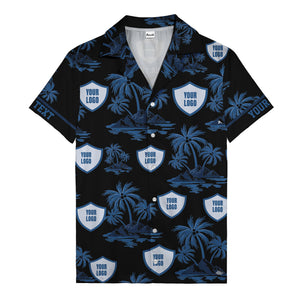 shield logo palm tree island scene navy blue hawaiian shirt for men