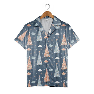 Slate Blue Holiday Hawaiian Shirt with Ornament Christmas Trees