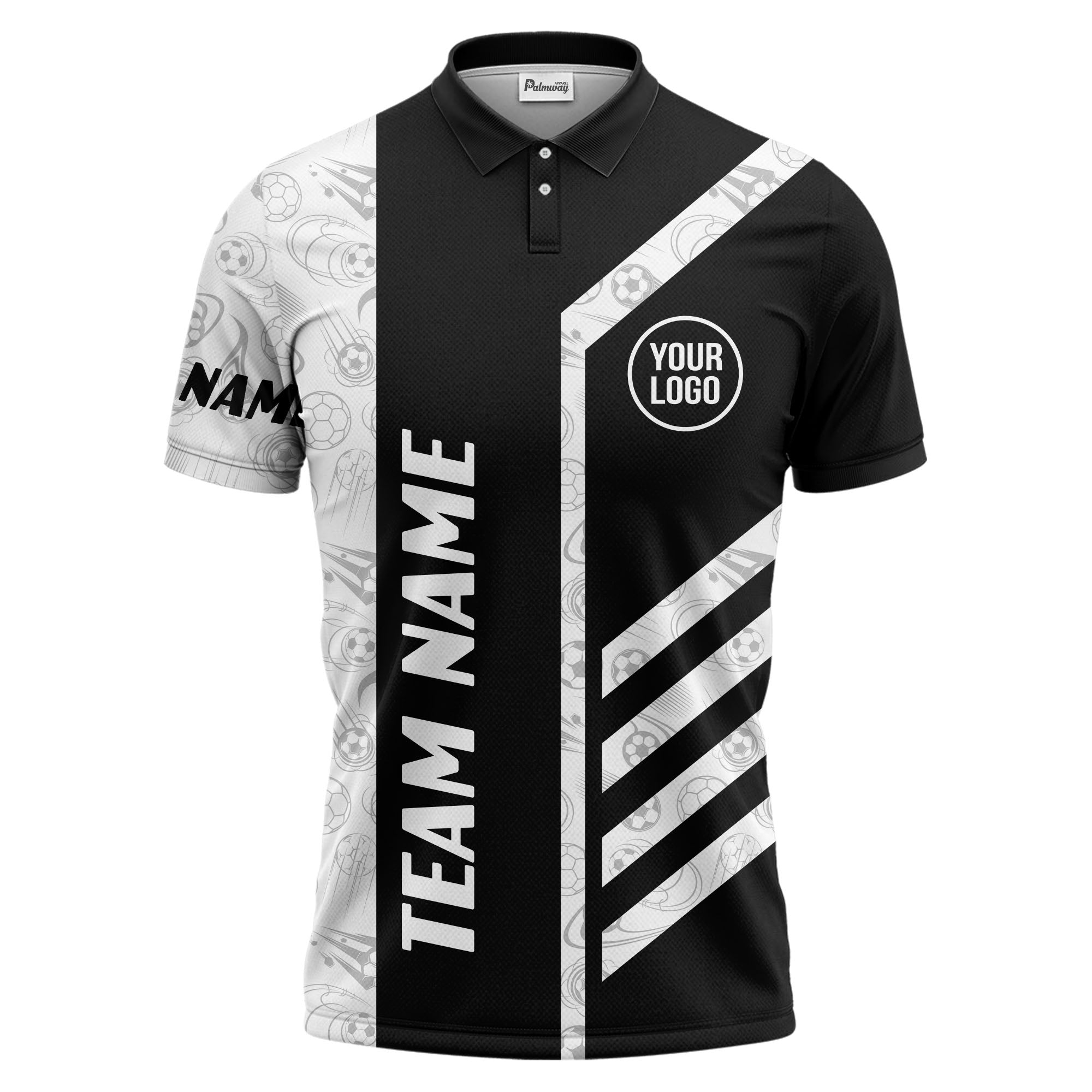 soccer balls diagonal stripes custom logo sporty polo shirt