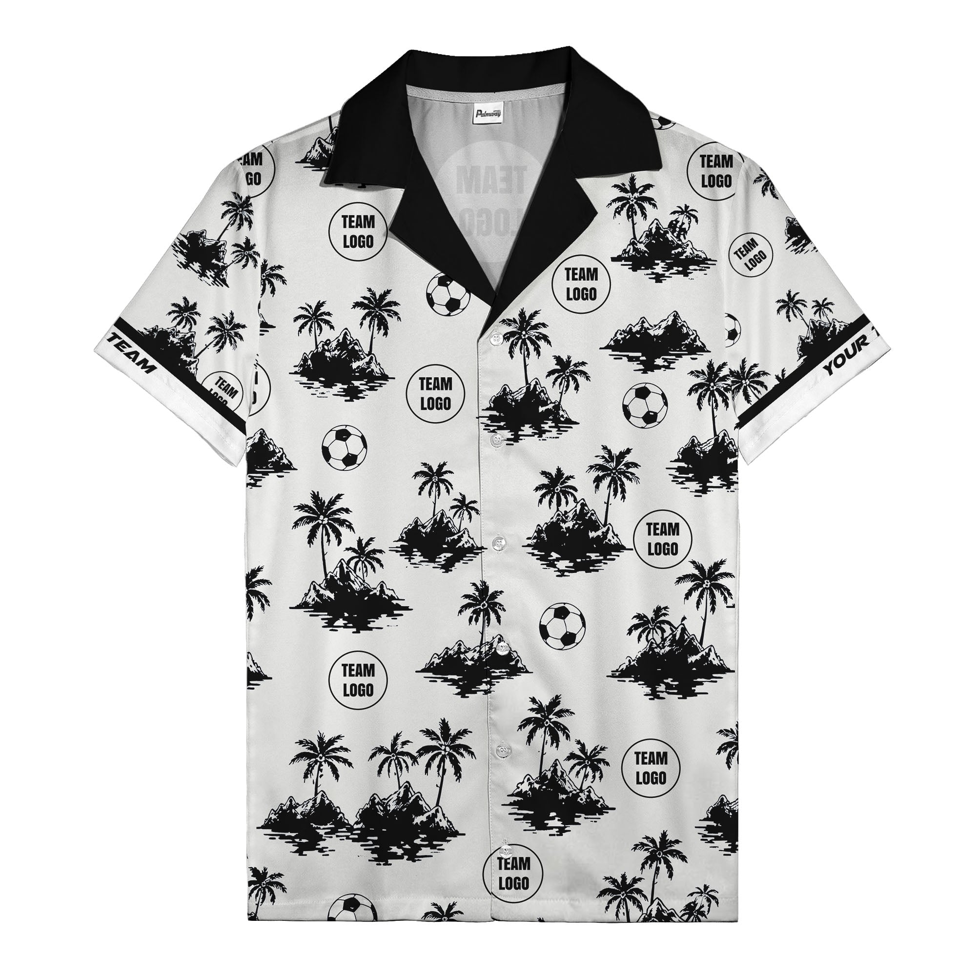 soccer balls & palm trees island repeat black white hawaiian shirt
