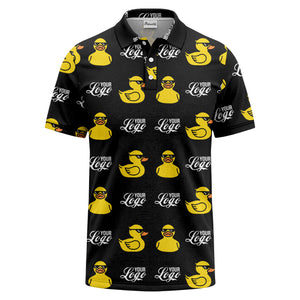sunglasses rubber duck repeat pattern black yellow fun cartoon golf polo shirt