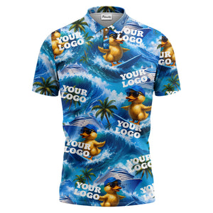 surfing ducks cruise ships palm waves fun cartoon polo shirt for men