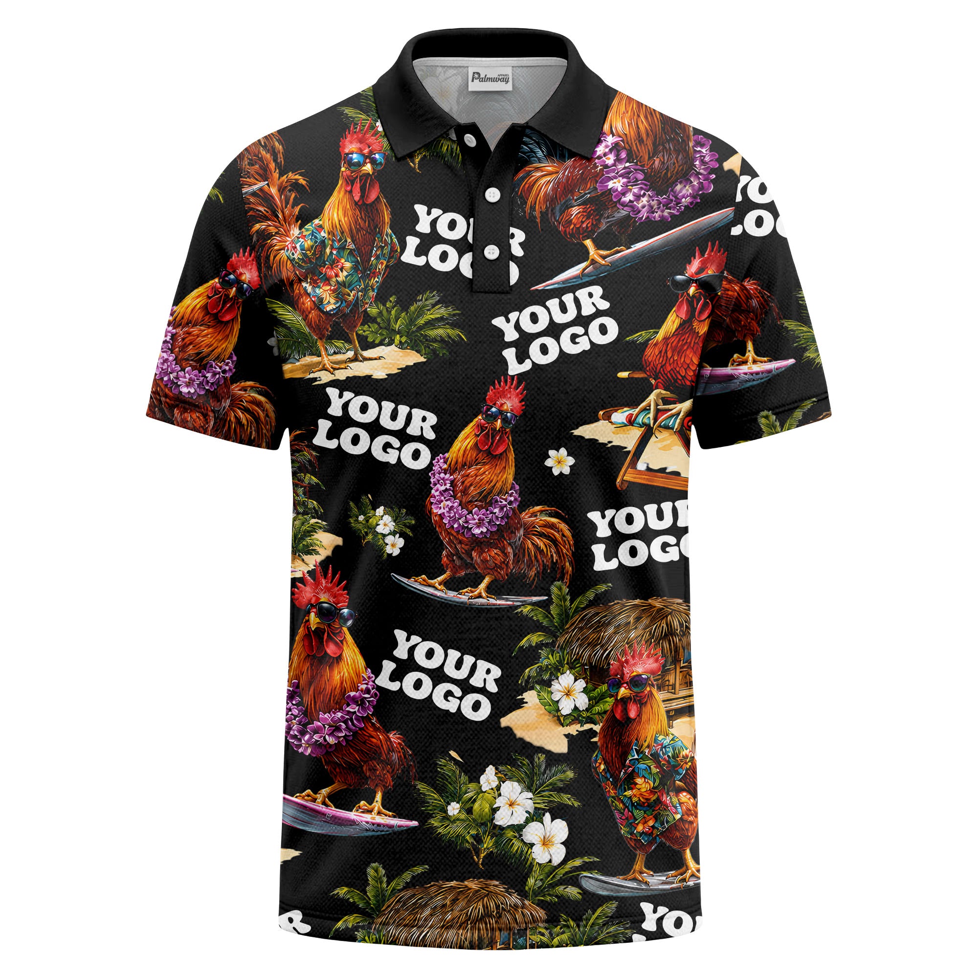 surfing roosters surfboards lei palm trees photorealistic polo shirt