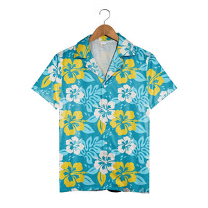 Teal Blue Hawaiian Shirt with Sunny Yellow Hibiscus and Cream Flowers