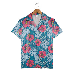 Teal Blue Playful Hibiscus Hawaiian Shirt with Coral Pink and Yellow Blooms
