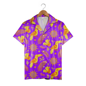 Toucan Paradise Hawaiian Shirt with Tropical Flowers and Palm Leaves in Vivid Purple Orange
