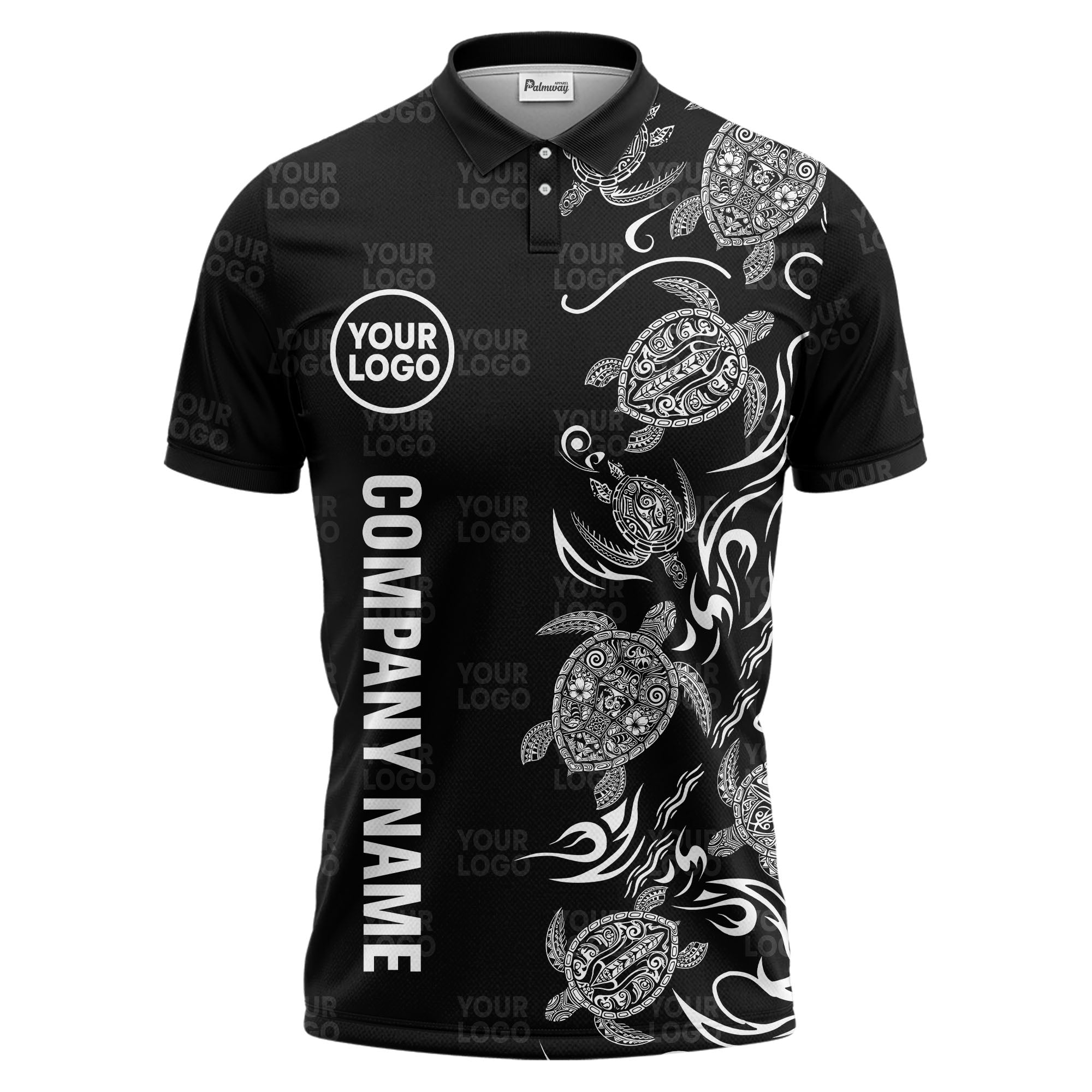 tribal sea turtle swirl black white artwork polo shirt for beach days