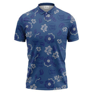 tropical blue floral logo repeating leaves polo shirt for men