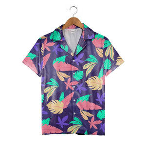 Vibrant Tropical Leaf Hawaiian Shirt in Deep Indigo with Coral and Teal Accents