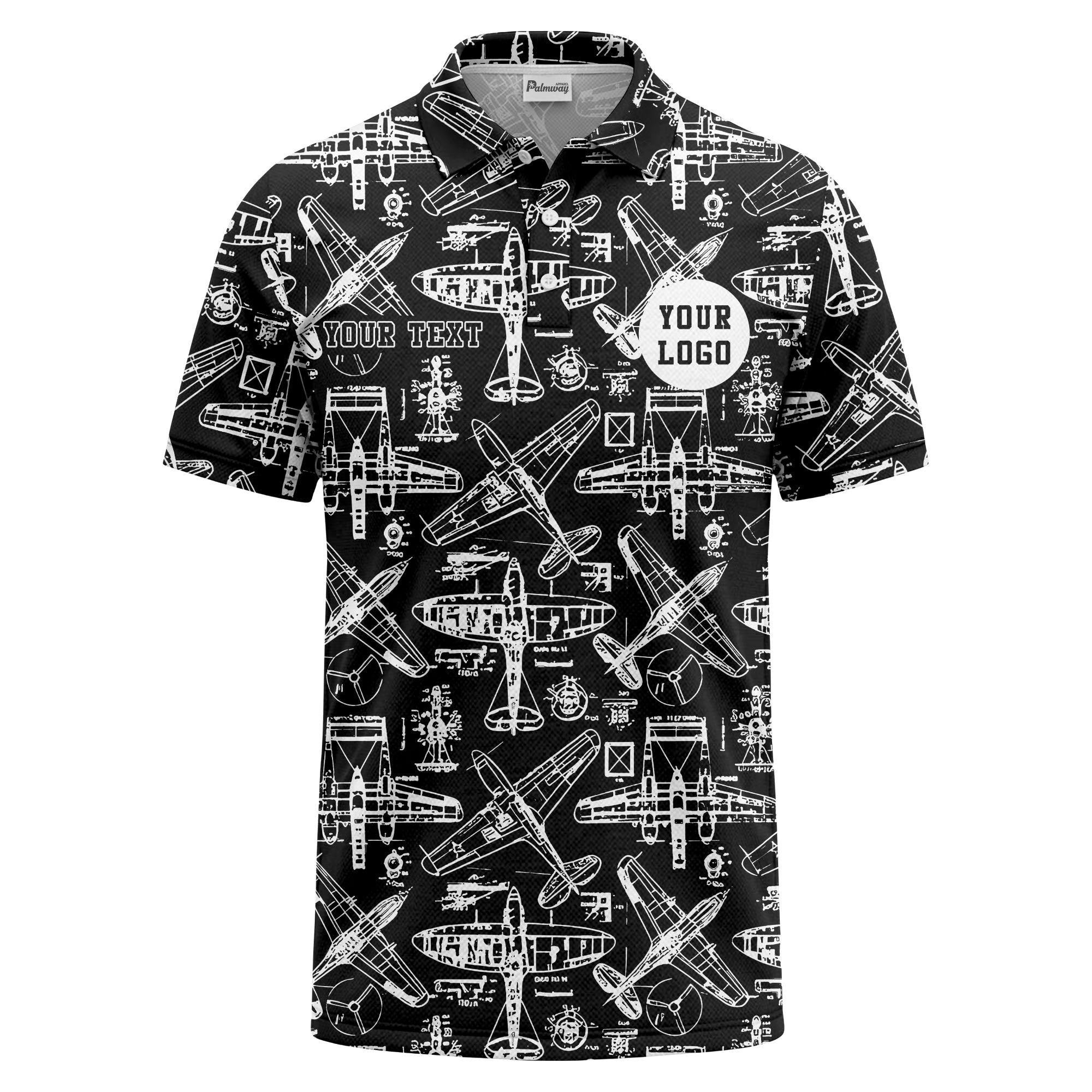vintage airplane blueprint sketches propeller wings polo shirt for men