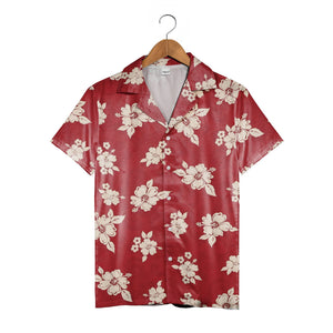Vintage Camp Collar Hawaiian Shirt in Cherry Red with Ivory Hibiscus