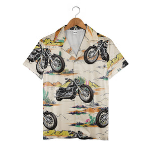 Vintage Desert Motorcycle Adventure Hawaiian Shirt With Cacti & Mountain Landscape