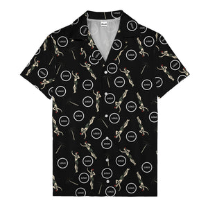 vintage hula dancers palm trees circular logo black hawaiian shirt for men