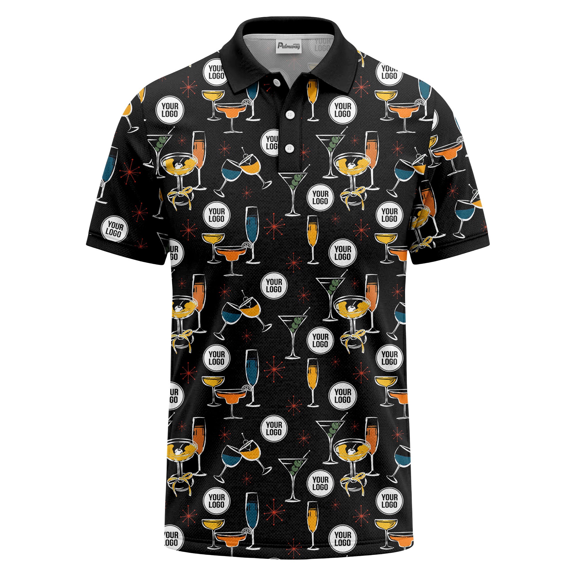 vintage illustrated martini & champagne glasses repeat polo shirt for men