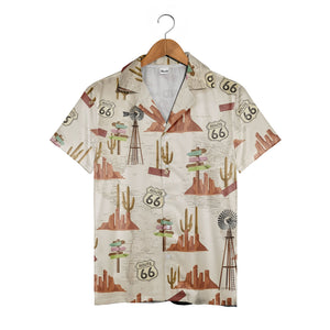 Vintage Route 66 Desert Road Trip Map With Cacti Buttes Aloha Button Down Shirt Hawaiian Shirt