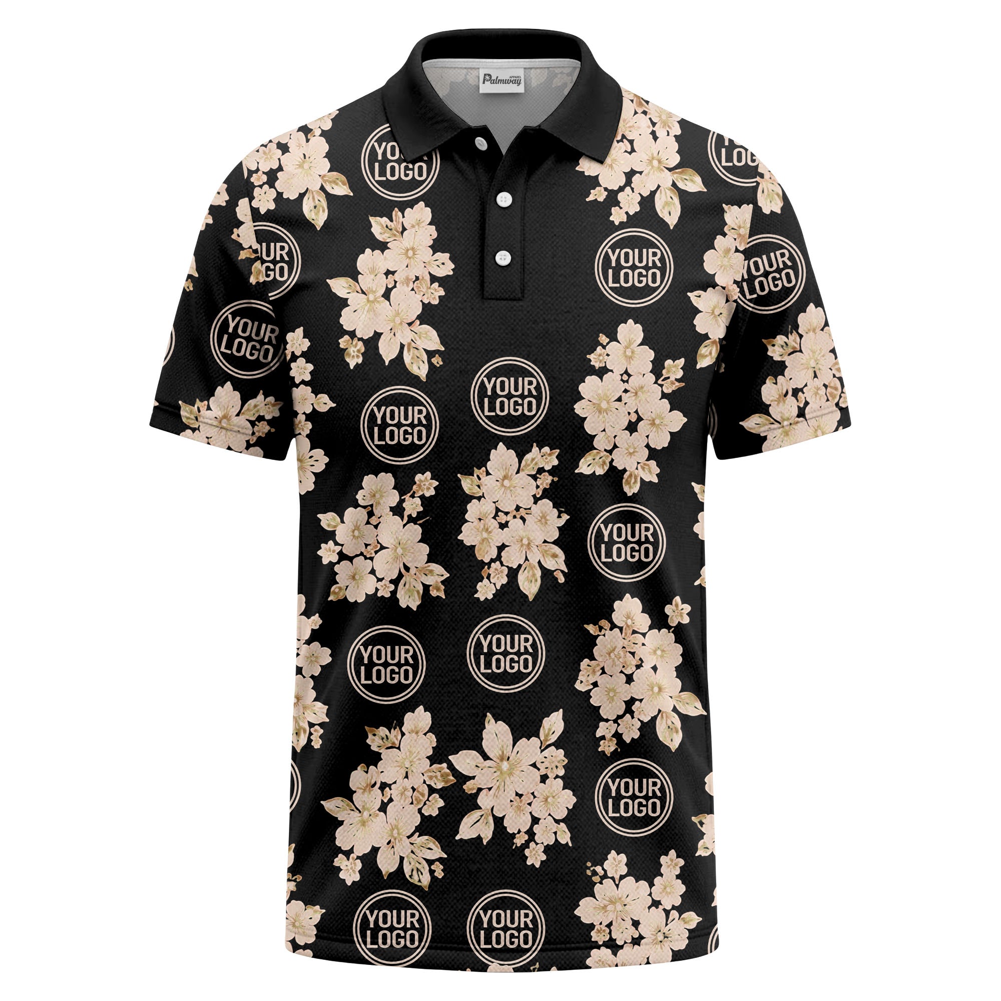 watercolor cherry blossom custom logo repeat polo shirt in black