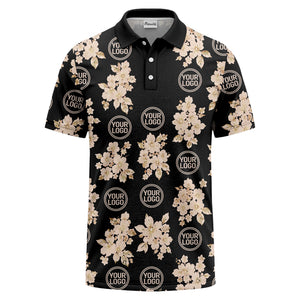 watercolor cherry blossom custom logo repeat polo shirt in black