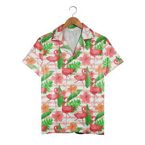 Watercolor Flamingo and Hibiscus Hawaiian Shirt Pink Stripes